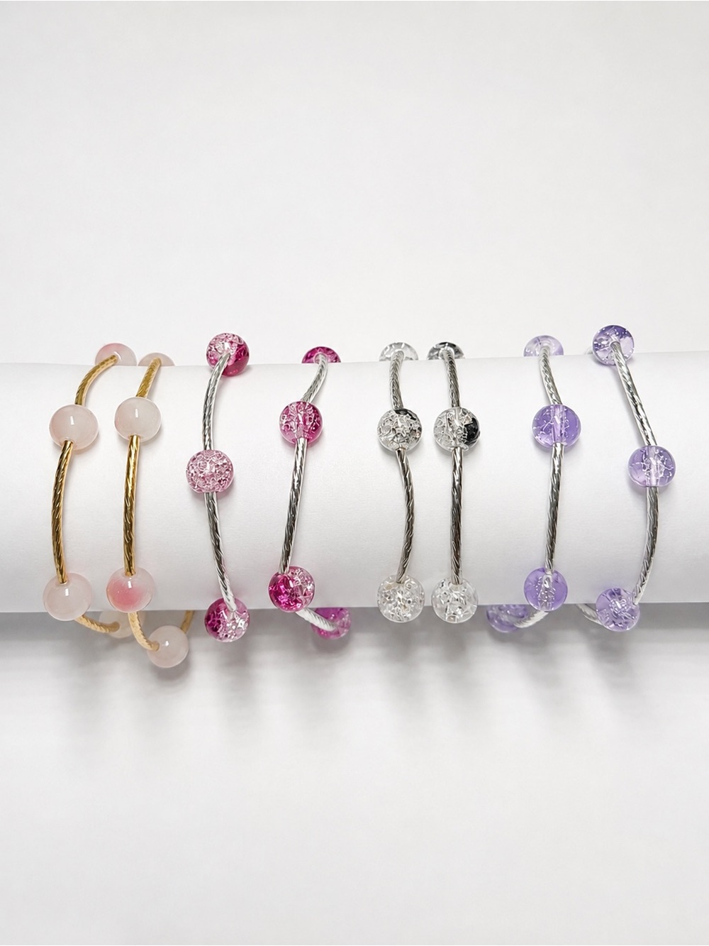Crystal Beaded Wire Bangle Bracelet - Pink, Hot Pink, Clear, Lavender